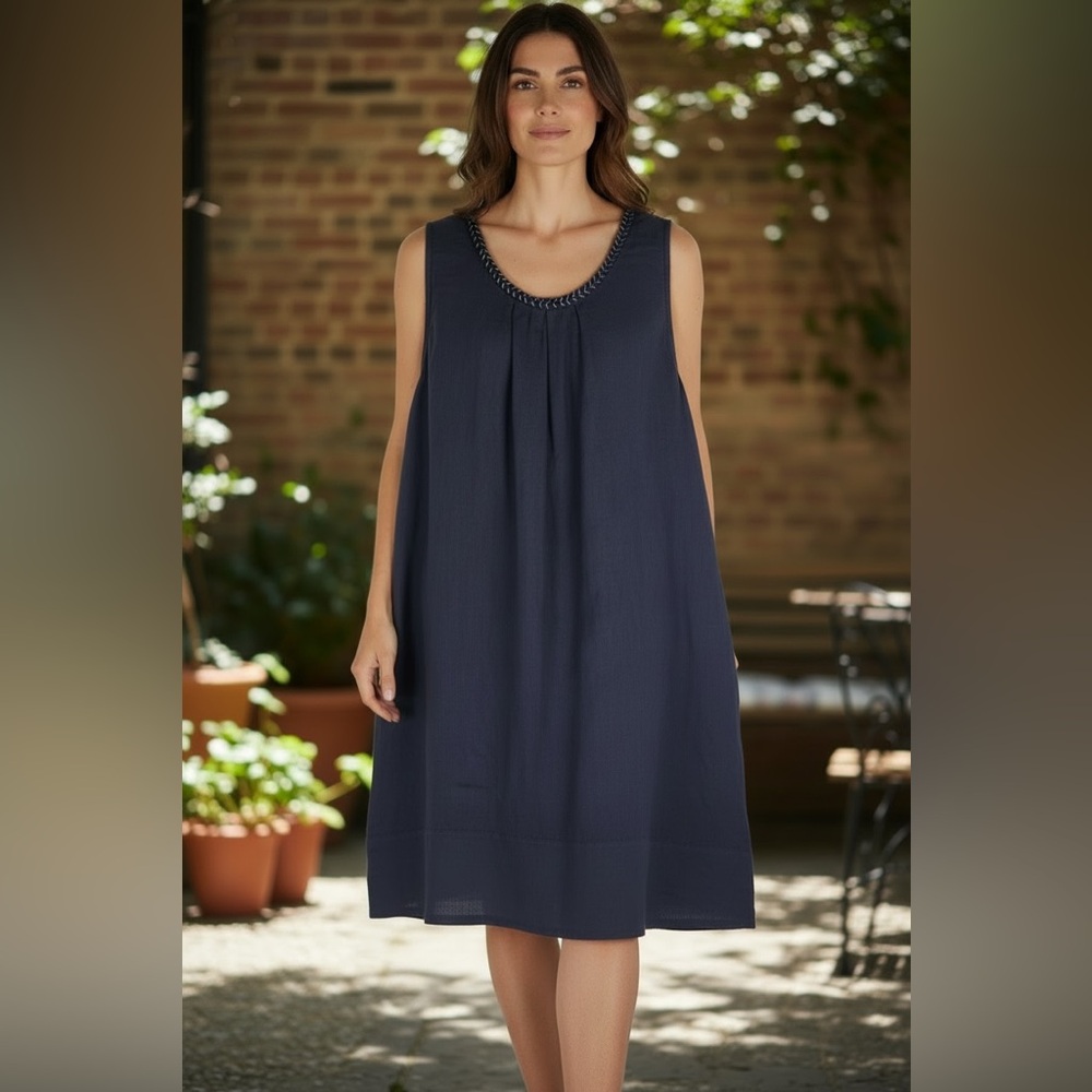 Rosemarine 100% Linen Navy Tunic Dress Blue Braided Collar Metallic SZ M Italy
